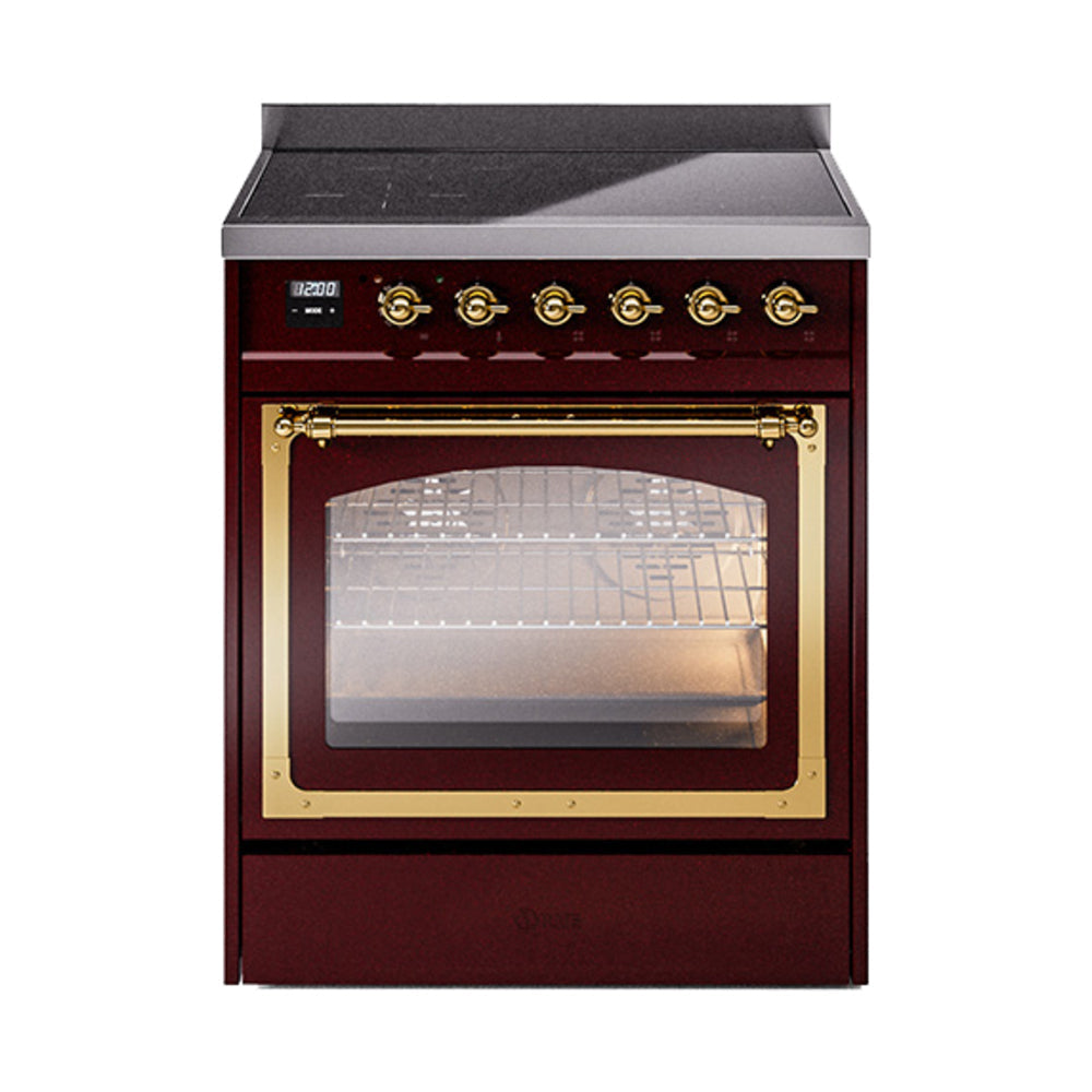 ILVE Nostalgie II Noblesse 30-Inch Induction Range, Triple Glass Door Oven, Burgundy with Brass Trim (UNI304NMPBUG)
