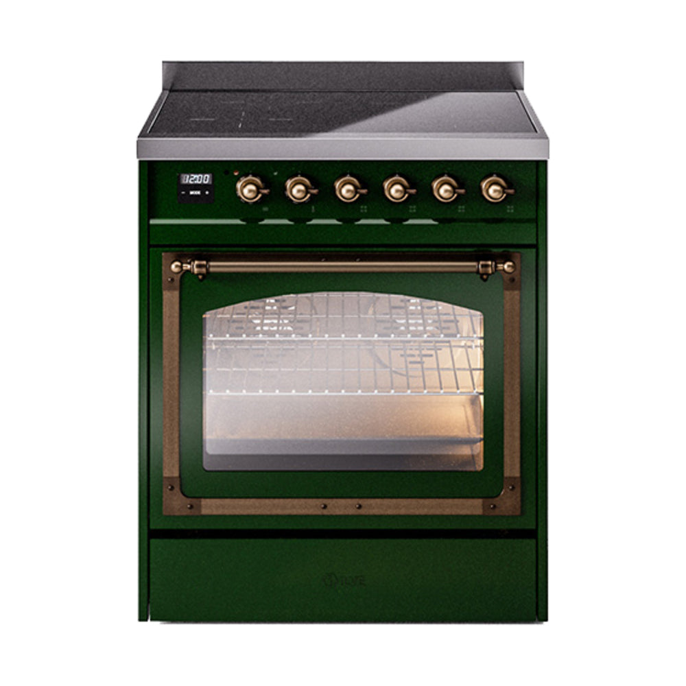 ILVE Nostalgie II Noblesse 30-Inch Induction Range, Triple Glass Door Oven, Emerald Green with Burnished Bronze Trim (UNI304NMPEGB)