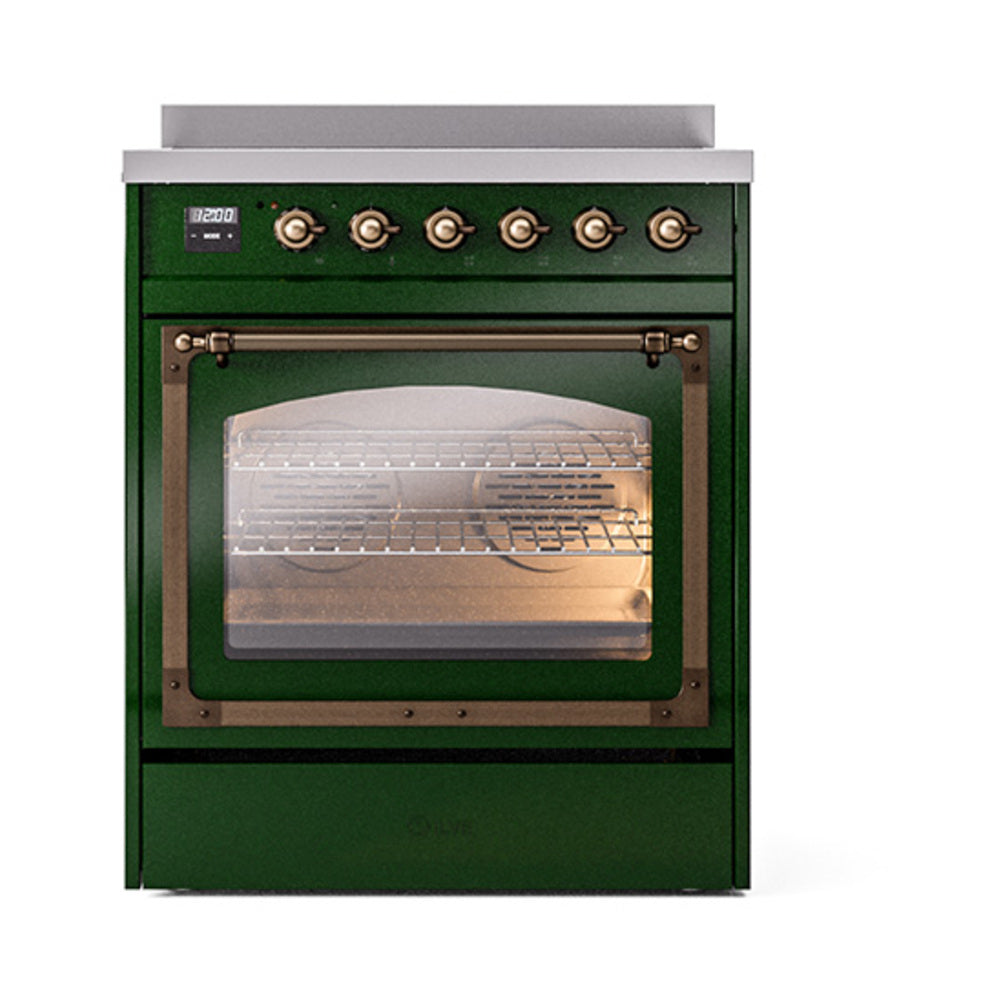 ILVE Nostalgie II Noblesse 30-Inch Induction Range, Triple Glass Door Oven, Emerald Green with Burnished Bronze Trim (UNI304NMPEGB)
