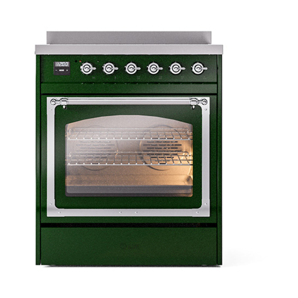 ILVE Nostalgie II Noblesse 30-Inch Induction Range, Triple Glass Door Oven, Emerald Green with Chrome Trim (UNI304NMPEGC)