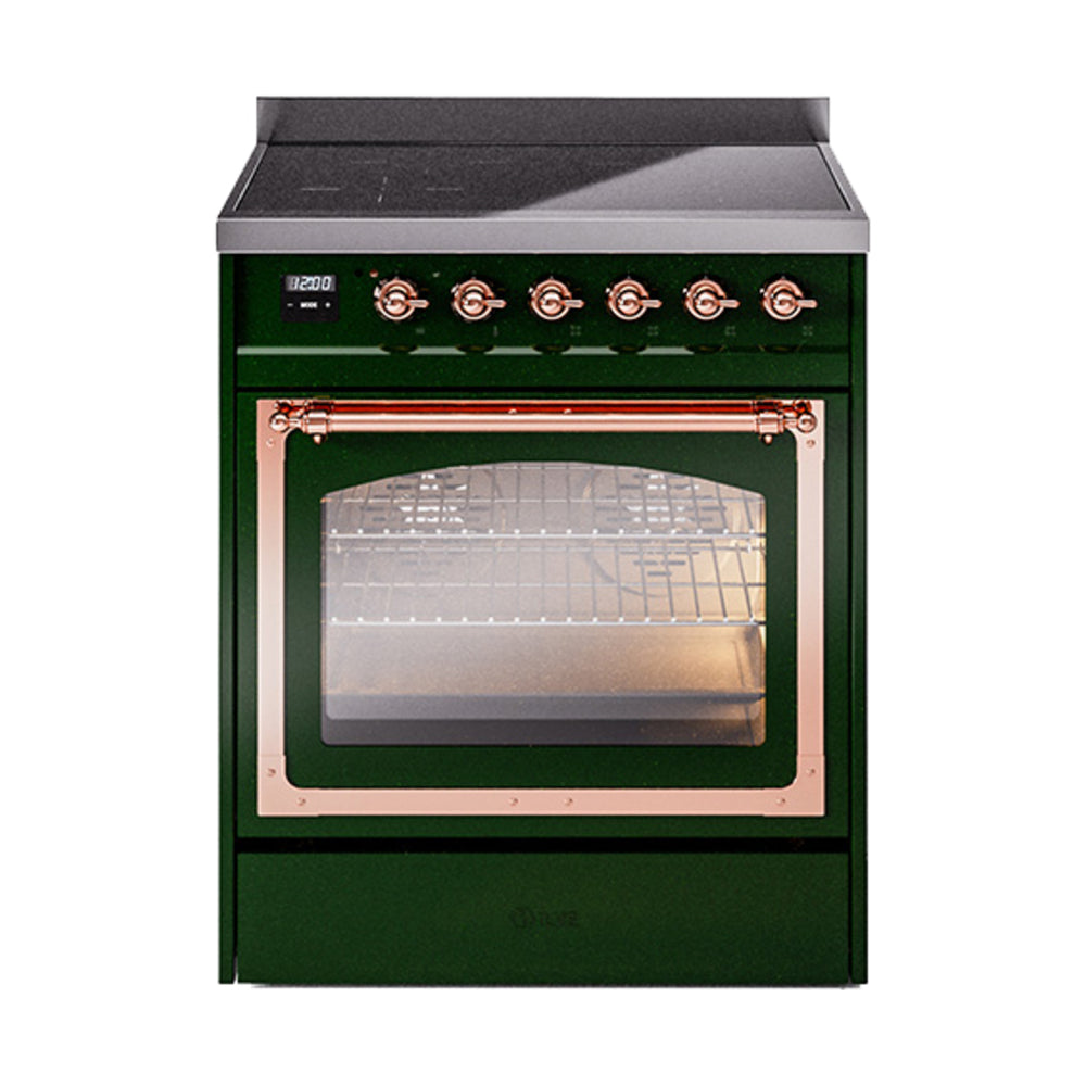 ILVE Nostalgie II Noblesse 30-Inch Induction Range, Triple Glass Door Oven, Emerald Green with Copper Trim (UNI304NMPEGP)