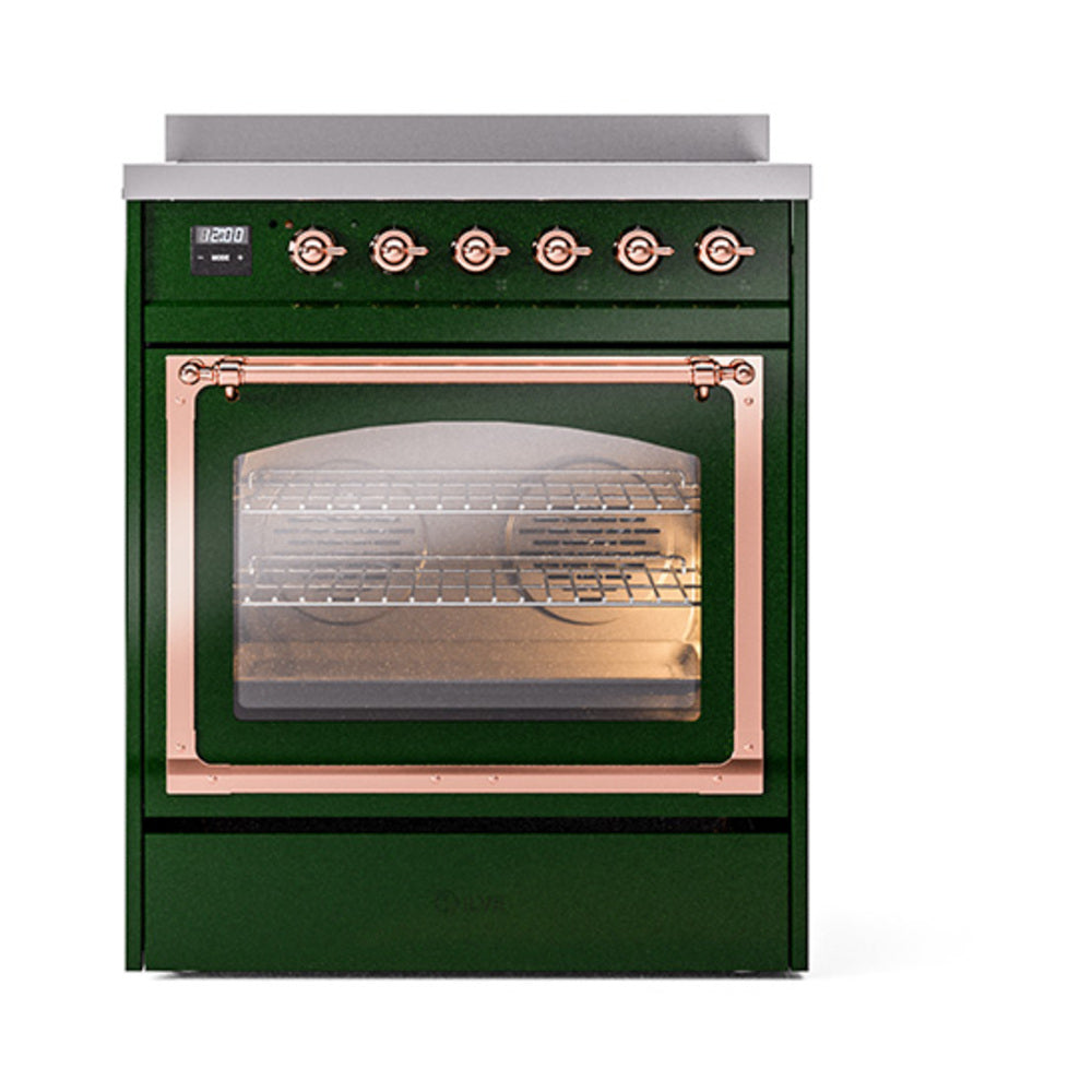 ILVE Nostalgie II Noblesse 30-Inch Induction Range, Triple Glass Door Oven, Emerald Green with Copper Trim (UNI304NMPEGP)