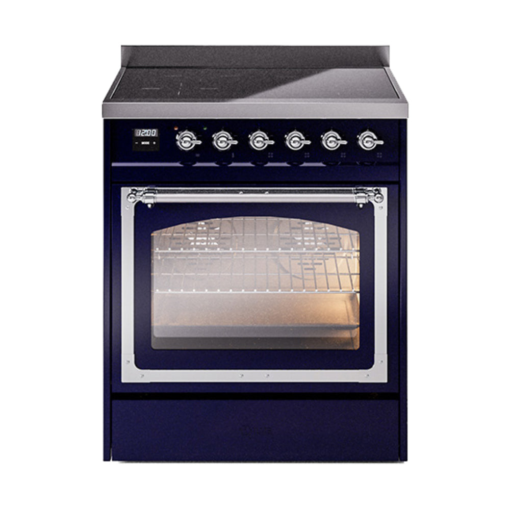 ILVE Nostalgie II Noblesse 30-Inch Induction Range, Triple Glass Door Oven, Midnight Blue with Chrome Trim (UNI304NMPMBC)