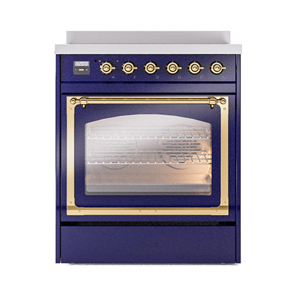 ILVE Nostalgie II Noblesse 30-Inch Induction Range, Triple Glass Door Oven, Midnight Blue with Brass Trim (UNI304NMPMBG)