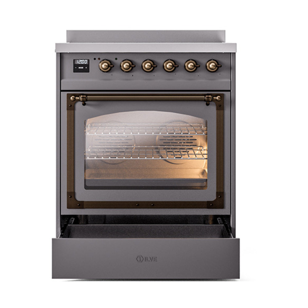 ILVE Nostalgie II Noblesse 30-Inch Induction Range, Triple Glass Door Oven, Matte Graphite with Burnished Bronze Trim (UNI304NMPMGB)