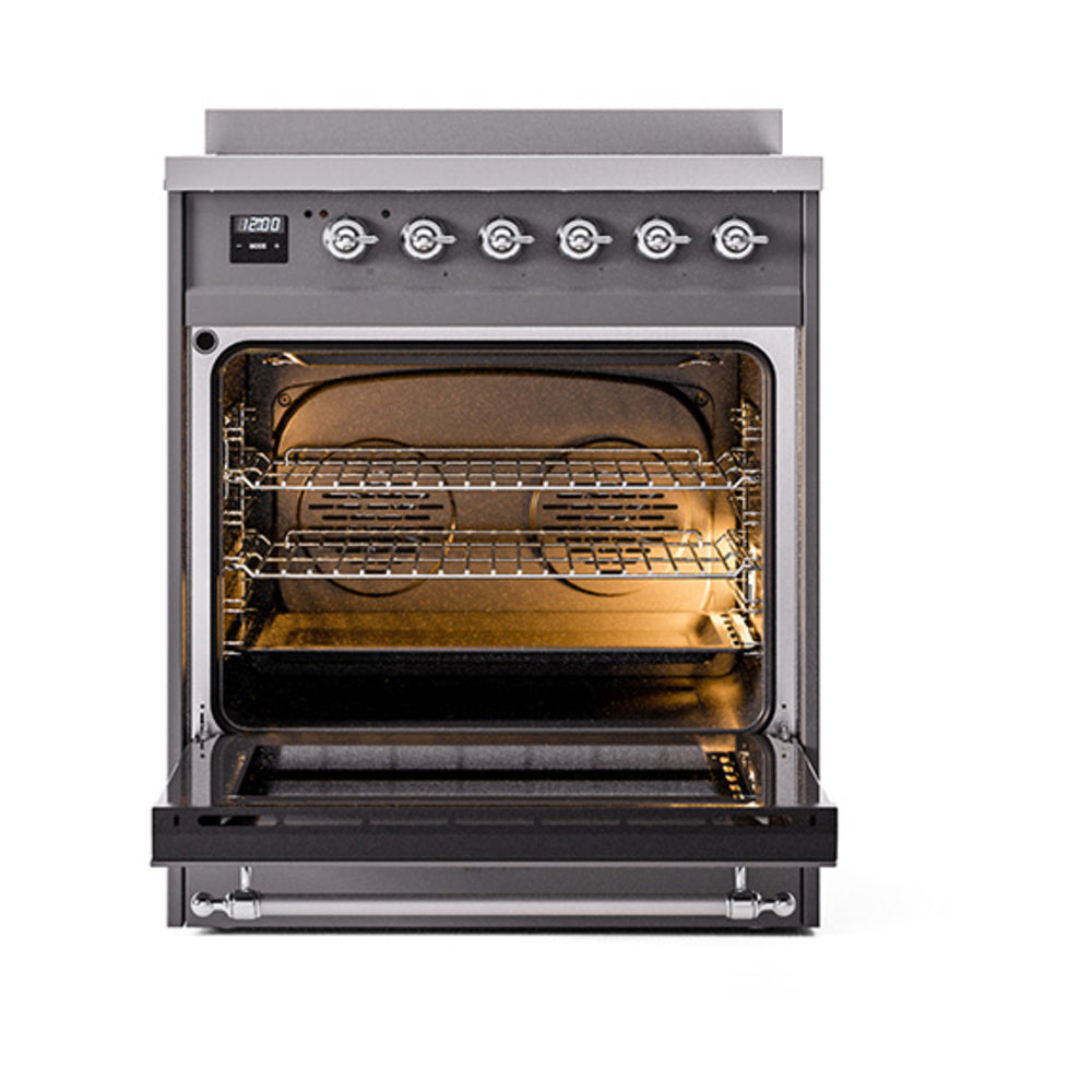 ILVE Nostalgie II Noblesse 30-Inch Induction Range with Triple Glass Door in Matte Graphite with Chrome Trim (UNI304NMPMGC)