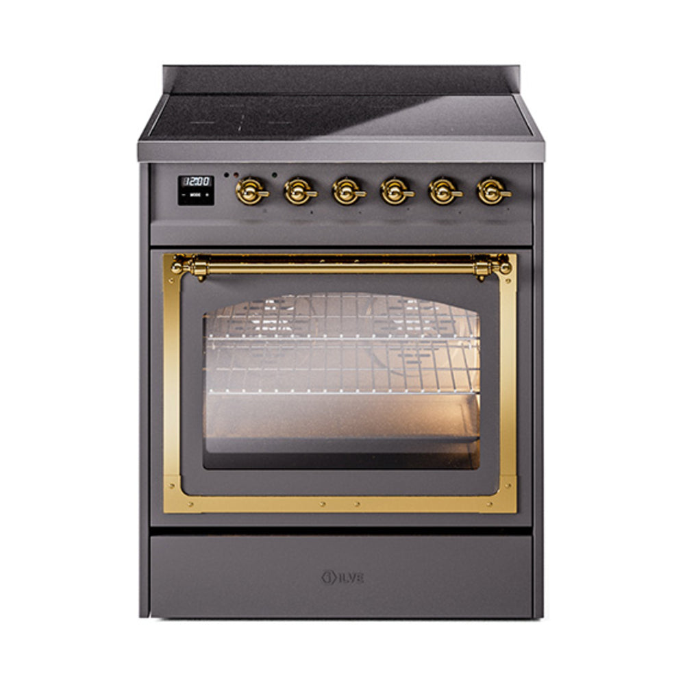 ILVE Nostalgie II Noblesse 30-Inch Induction Range, Triple Glass Door Oven, Matte Graphite with Brass Trim (UNI304NMPMGG)