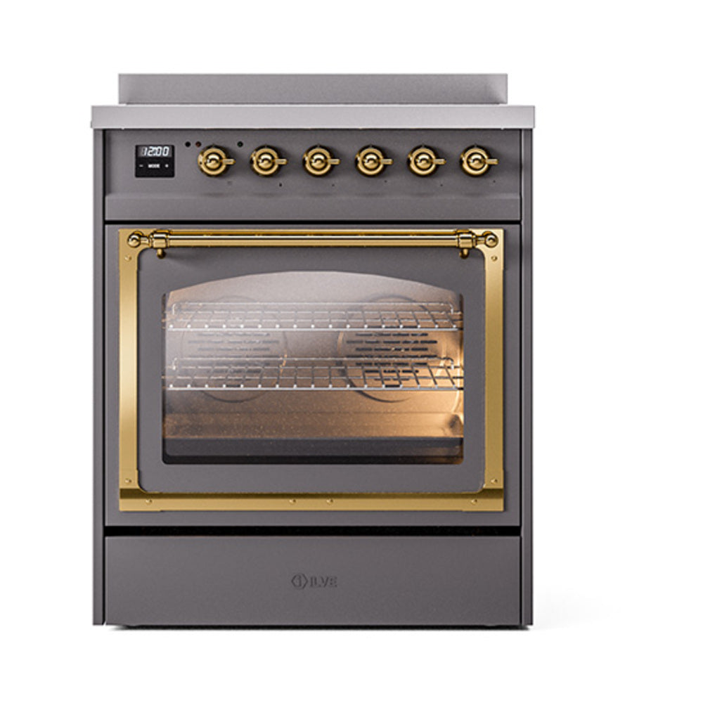 ILVE Nostalgie II Noblesse 30-Inch Induction Range, Triple Glass Door Oven, Matte Graphite with Brass Trim (UNI304NMPMGG)