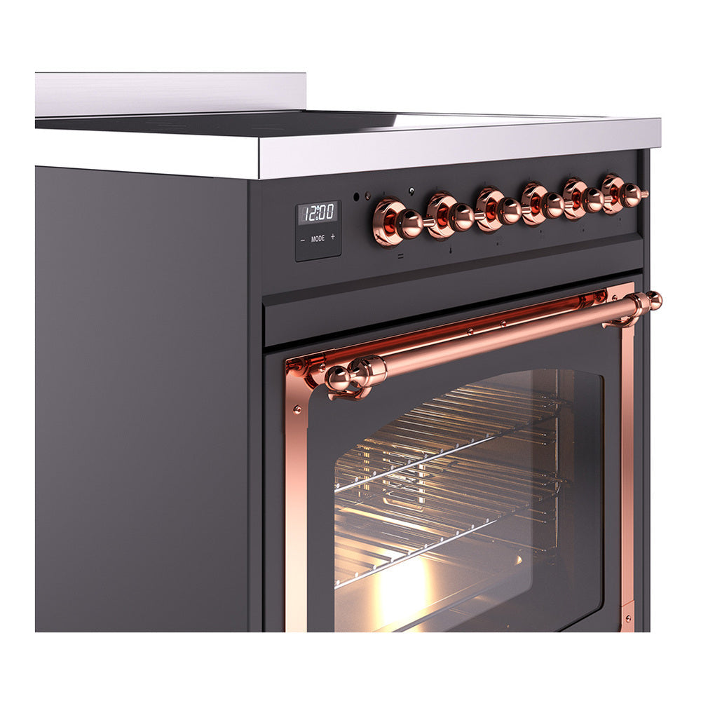 ILVE Nostalgie II Noblesse 30-Inch Induction Range with Triple Glass Door in Matte Graphite with Copper Trim (UNI304NMPMGP)