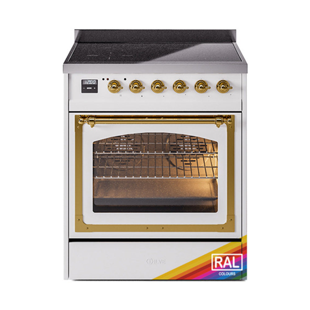 ILVE Nostalgie II Noblesse 30-Inch Induction Range, Triple Glass Door Oven, RAL with Brass Trim (UNI304NMPRAG)
