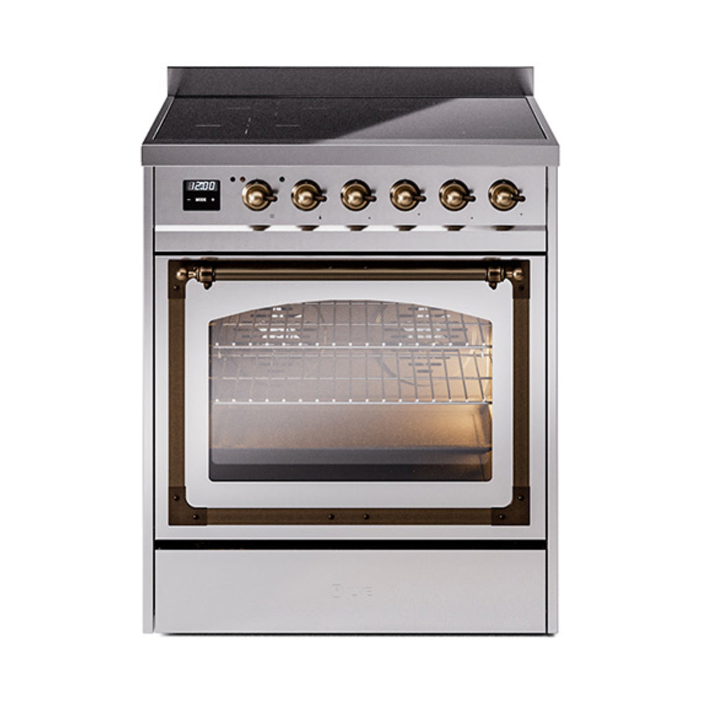 ILVE Nostalgie II Noblesse 30-Inch Induction Range, Triple Glass Door Oven, Stainless Steel with Burnished Bronze Trim (UNI304NMPSSB)
