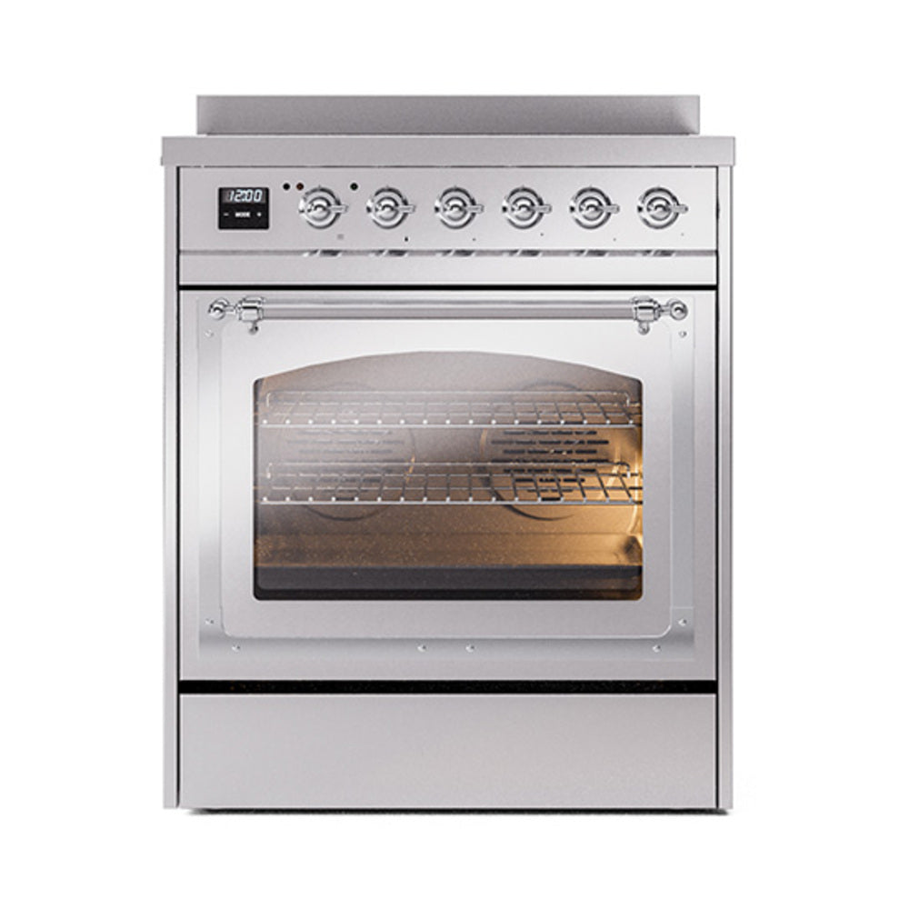 ILVE Nostalgie II Noblesse 30-Inch Induction Range, Triple Glass Door Oven, Stainless Steel with Chrome Trim (UNI304NMPSSC)