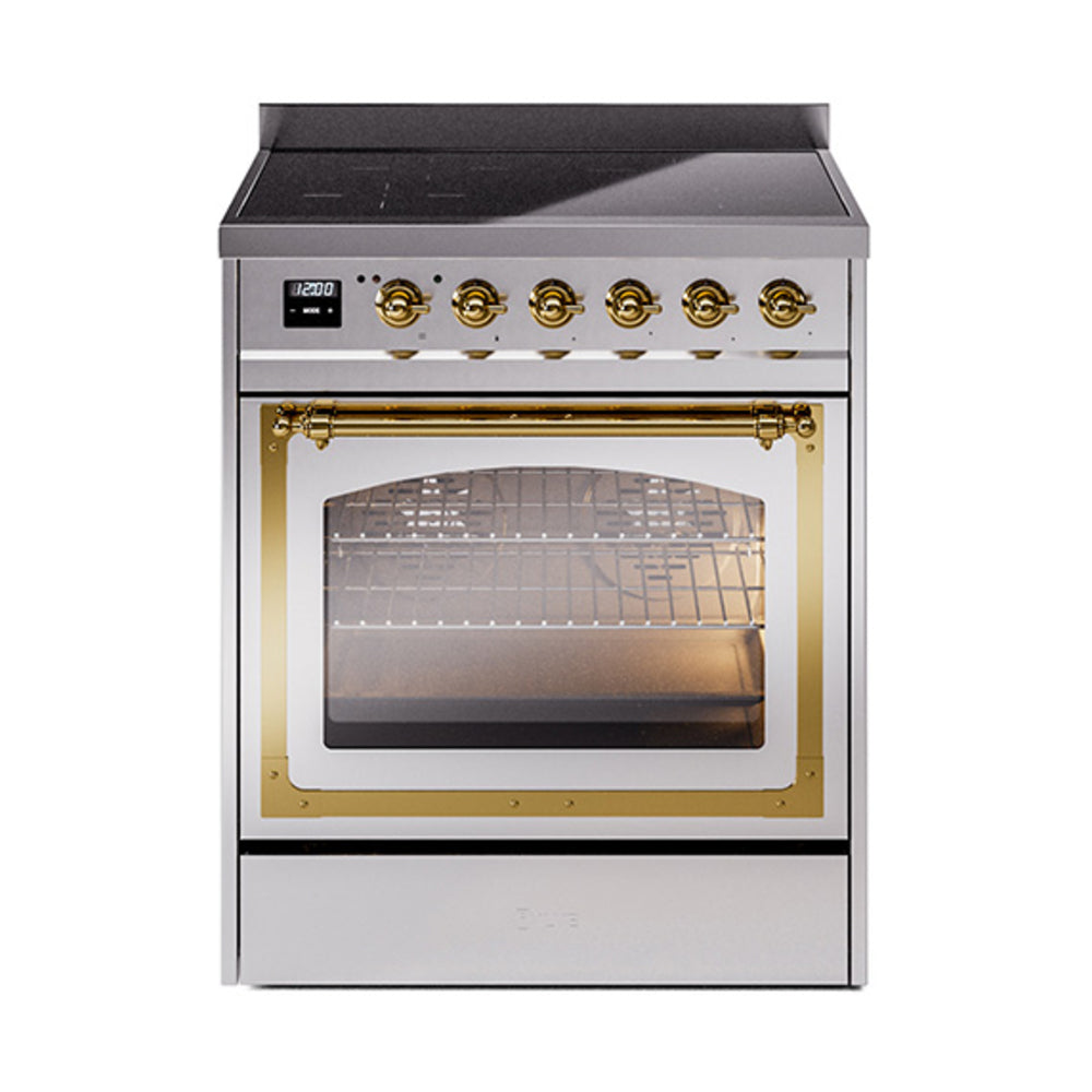 ILVE Nostalgie II Noblesse 30-Inch Induction Range, Triple Glass Door Oven, Stainless Steel with Brass Trim (UNI304NMPSSG)