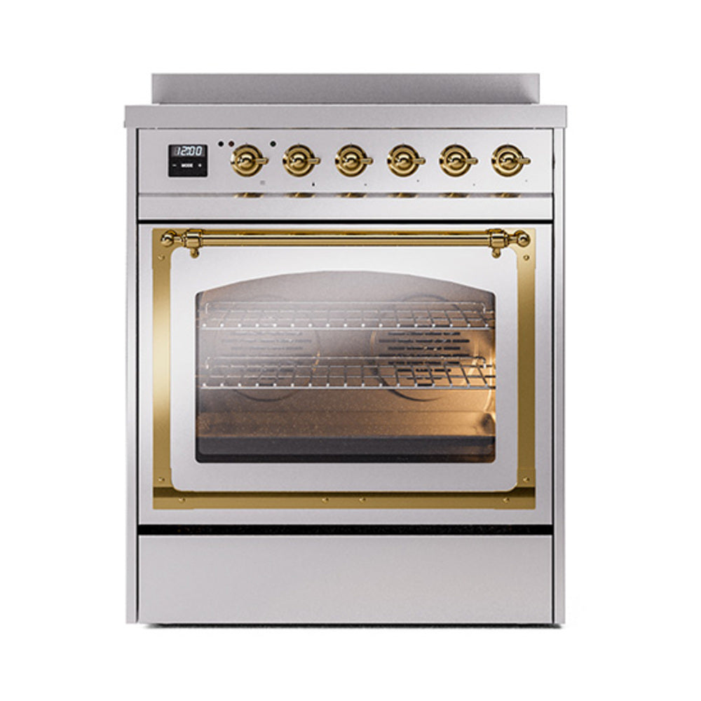 ILVE Nostalgie II Noblesse 30-Inch Induction Range, Triple Glass Door Oven, Stainless Steel with Brass Trim (UNI304NMPSSG)