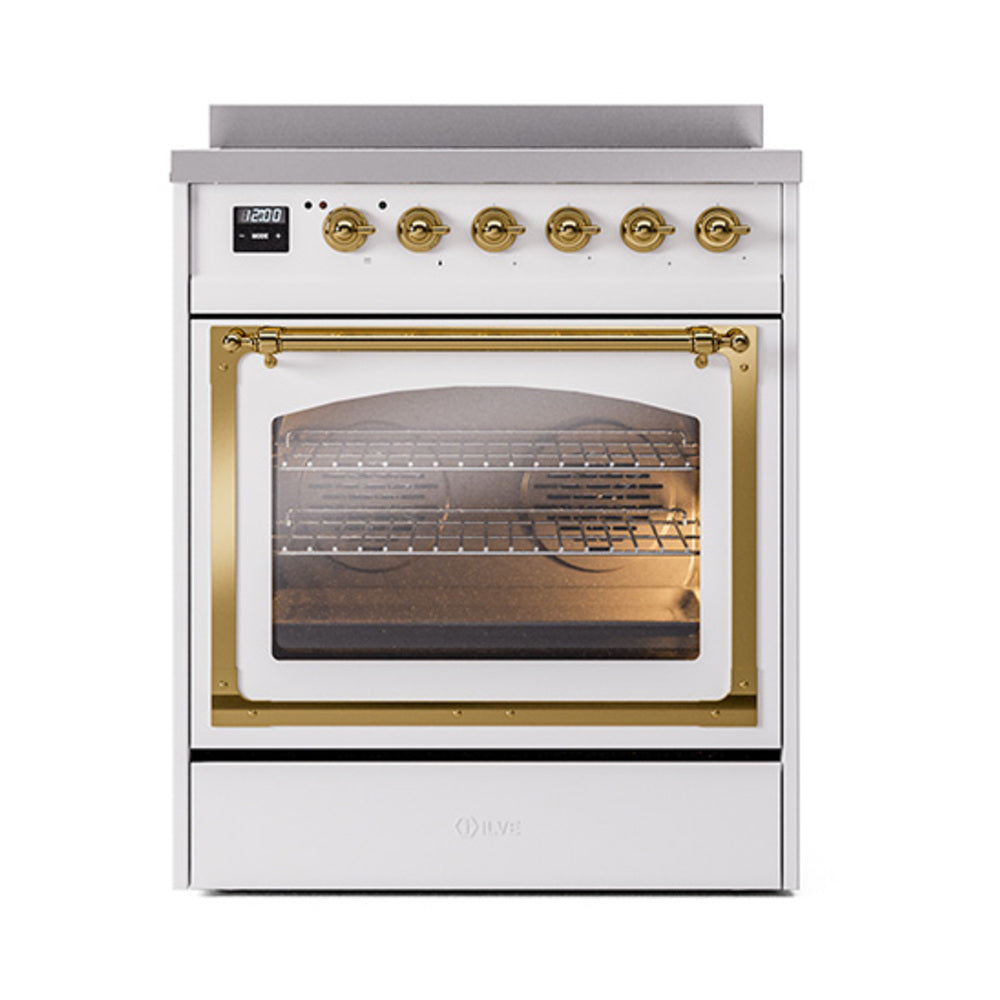 ILVE Nostalgie II Noblesse 30-Inch Induction Range, Triple Glass Door Oven, White with Brass Trim (UNI304NMPWHG)