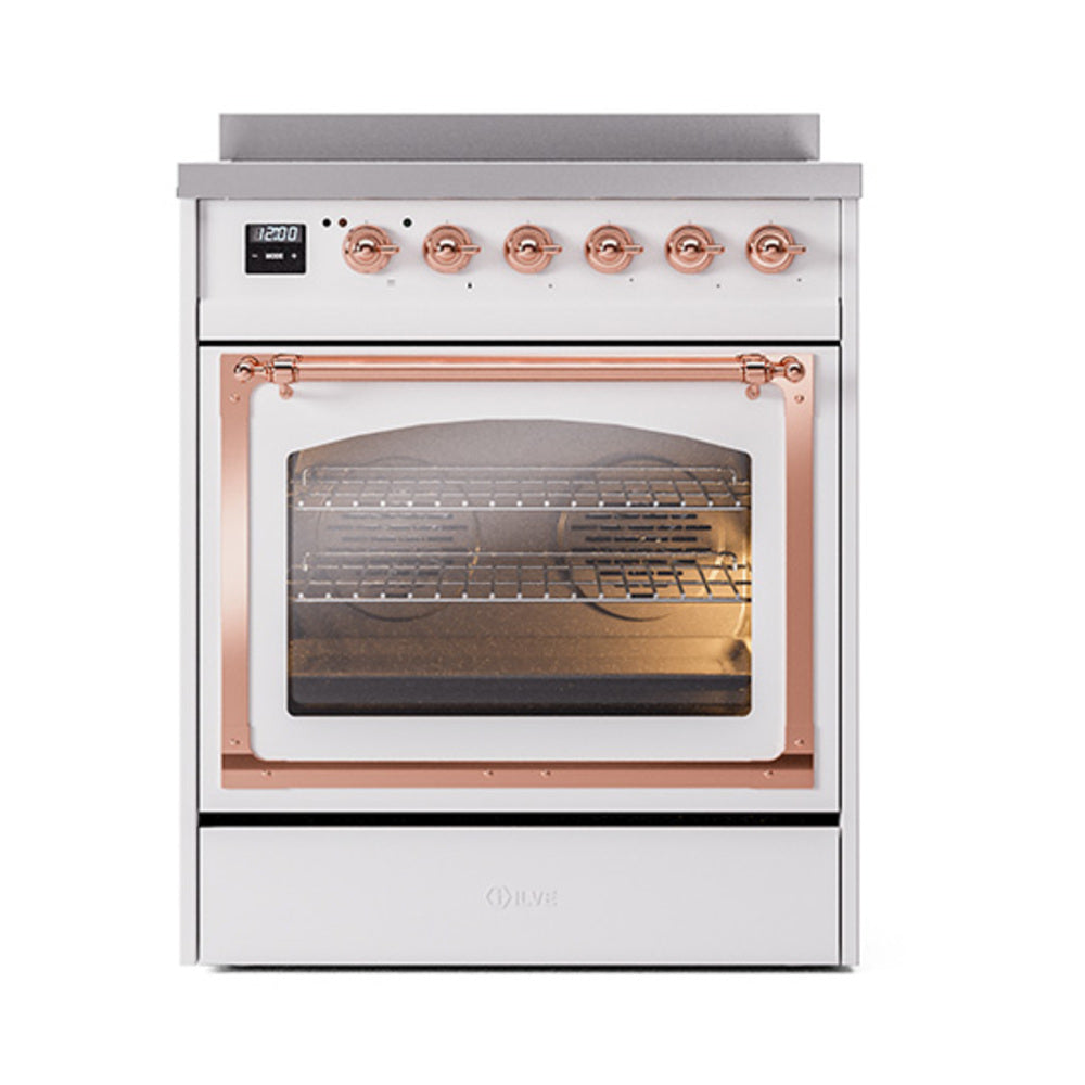 ILVE Nostalgie II Noblesse 30-Inch Induction Range, Triple Glass Door Oven, White with Copper Trim (UNI304NMPWHP)