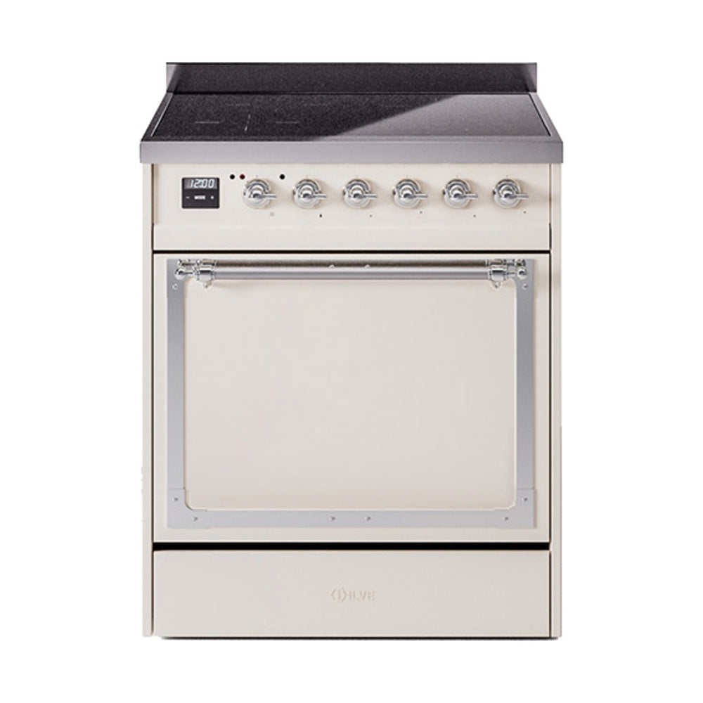 ILVE Nostalgie II Noblesse 30-Inch Induction Range, Solid Door Oven, Antique White with Chrome Trim (UNI304QNMPAWC)