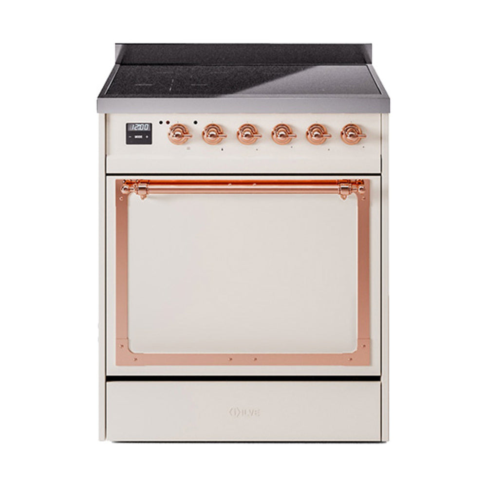 ILVE Nostalgie II Noblesse 30-Inch Induction Range, Solid Door Oven, Antique White with Copper Trim (UNI304QNMPAWP)