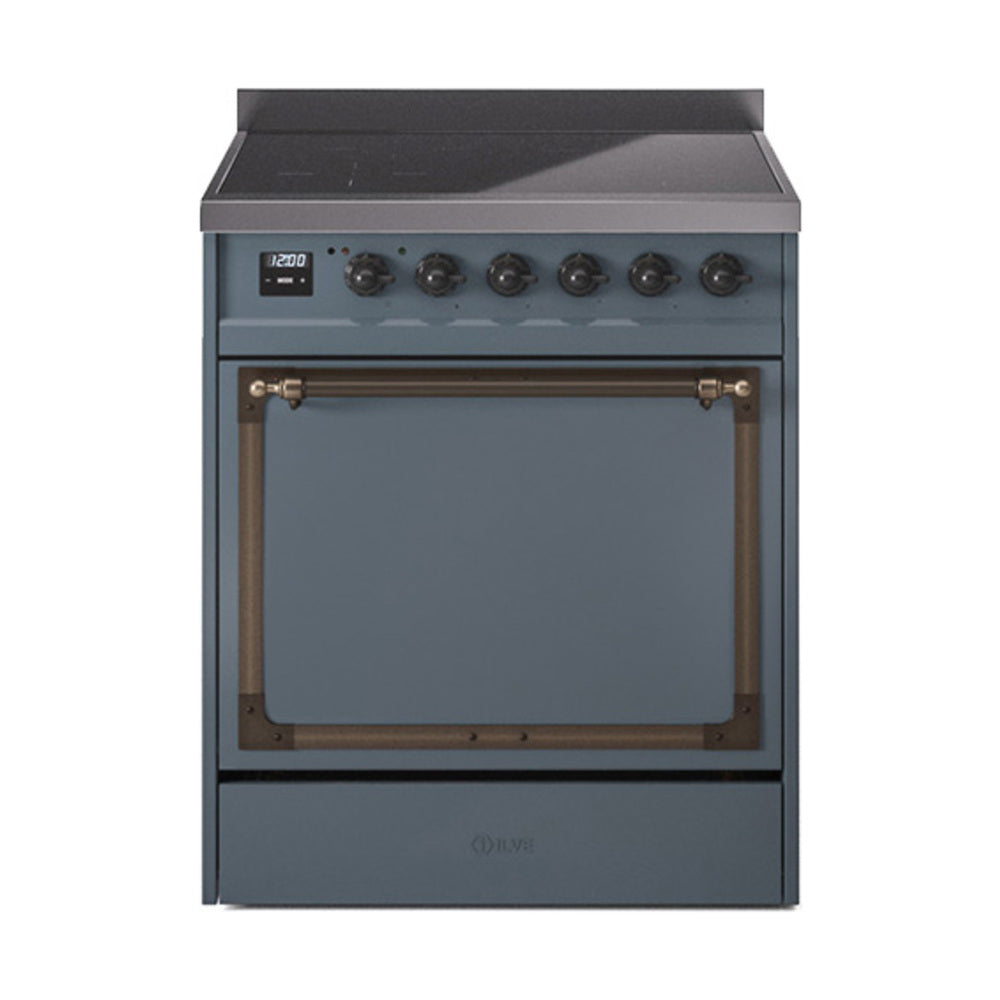 ILVE Nostalgie II Noblesse 30-Inch Induction Range, Solid Door Oven, Blue Grey with Burnished Bronze Trim (UNI304QNMPBGB)