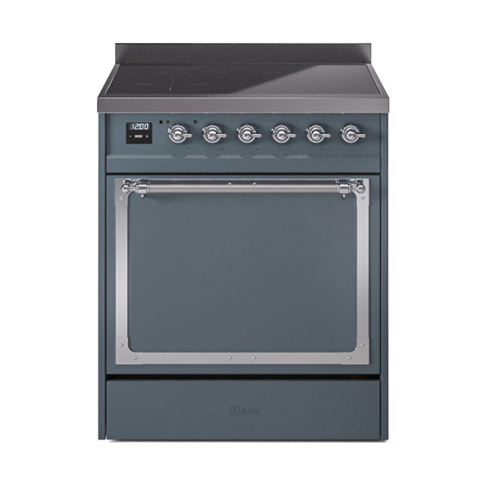 ILVE Nostalgie II Noblesse 30-Inch Induction Range, Solid Door Oven, Blue Grey with Chrome Trim (UNI304QNMPBGC)