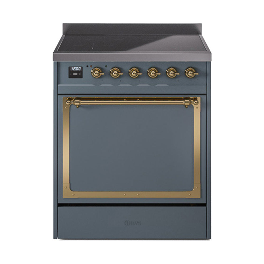 ILVE Nostalgie II Noblesse 30-Inch Induction Range, Solid Door Oven, Blue Grey with Brass Trim (UNI304QNMPBGG)
