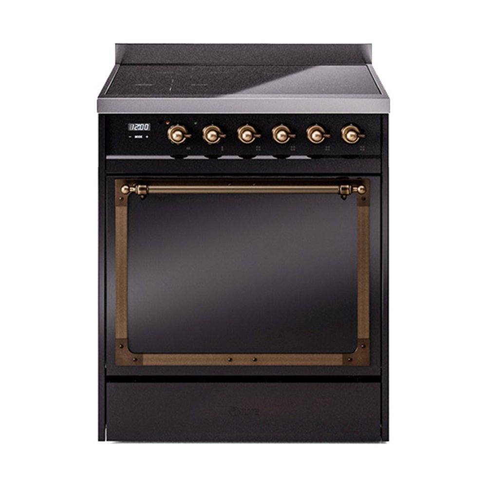 ILVE Nostalgie II Noblesse 30-Inch Induction Range, Solid Door Oven, Glossy Black with Burnished Bronze Trim (UNI304QNMPBKB)