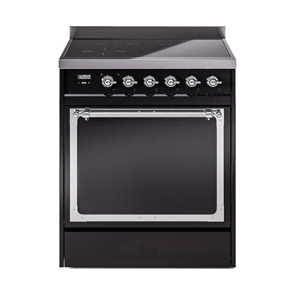 ILVE Nostalgie II Noblesse 30-Inch Induction Range, Solid Door Oven, Glossy Black with Chrome Trim (UNI304QNMPBKC)
