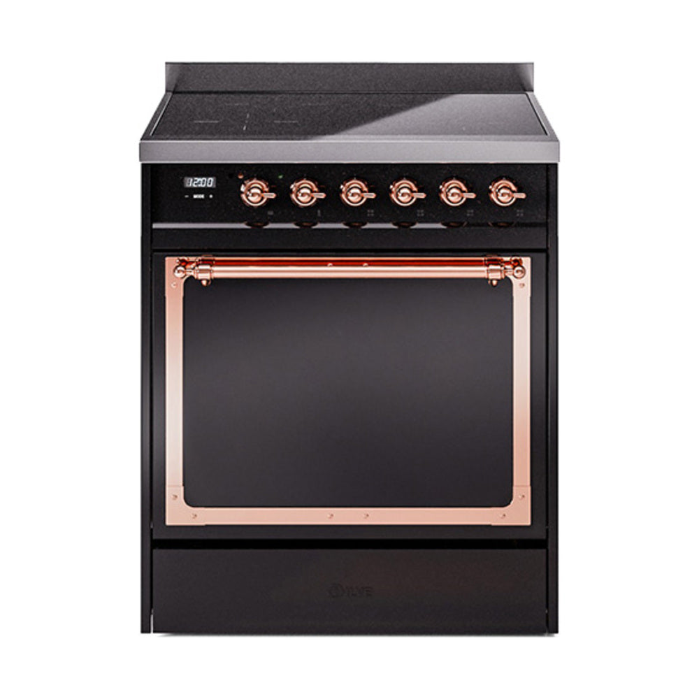 ILVE Nostalgie II Noblesse 30-Inch Induction Range, Solid Door Oven, Glossy Black with Copper Trim (UNI304QNMPBKP)