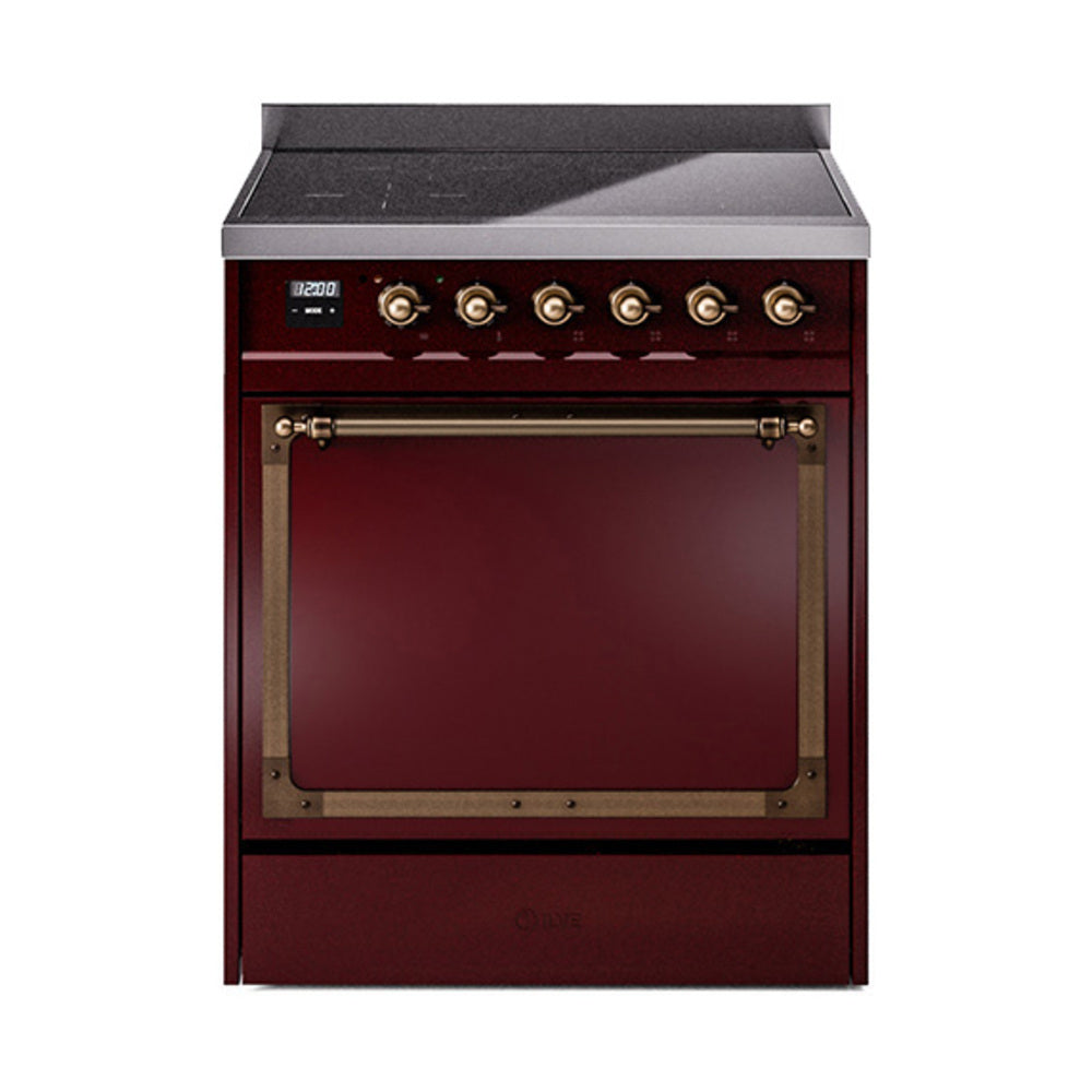 ILVE Nostalgie II Noblesse 30-Inch Induction Range, Solid Door Oven, Burgundy with Burnished Bronze Trim (UNI304QNMPBUB)