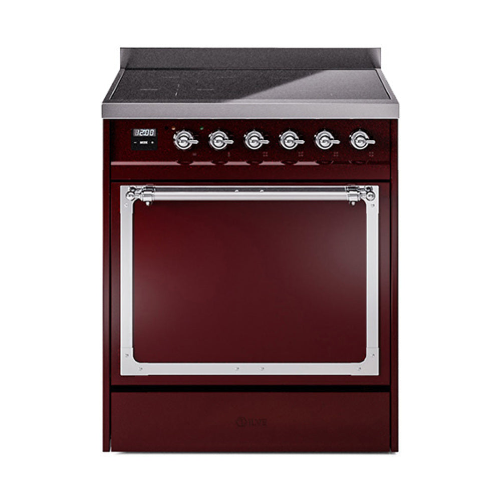 ILVE Nostalgie II Noblesse 30-Inch Induction Range, Solid Door Oven, Burgundy with Chrome Trim (UNI304QNMPBUC)