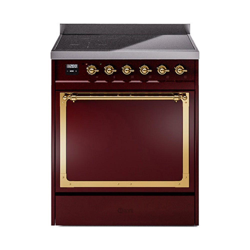 ILVE Nostalgie II Noblesse 30-Inch Induction Range, Solid Door Oven, Burgundy with Brass Trim (UNI304QNMPBUG)