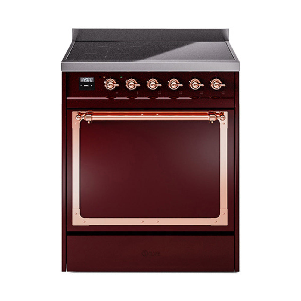 ILVE Nostalgie II Noblesse 30-Inch Induction Range, Solid Door Oven, Burgundy with Copper Trim (UNI304QNMPBUP)