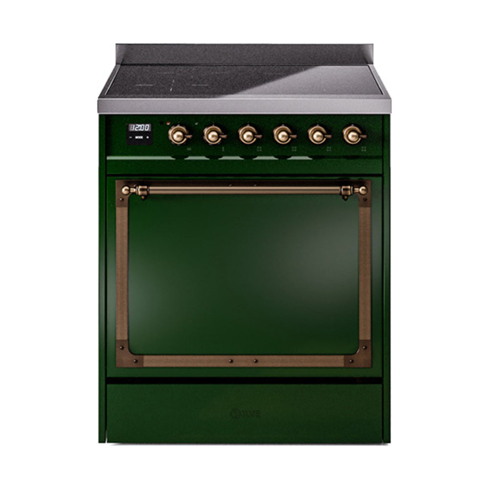 ILVE Nostalgie II Noblesse 30-Inch Induction Range, Solid Door Oven, Emerald Green with Burnished Bronze Trim (UNI304QNMPEGB)