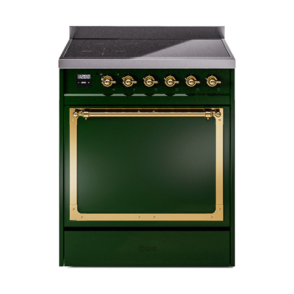 ILVE Nostalgie II Noblesse 30-Inch Induction Range, Solid Door Oven, Emerald Green with Brass Trim (UNI304QNMPEGG)