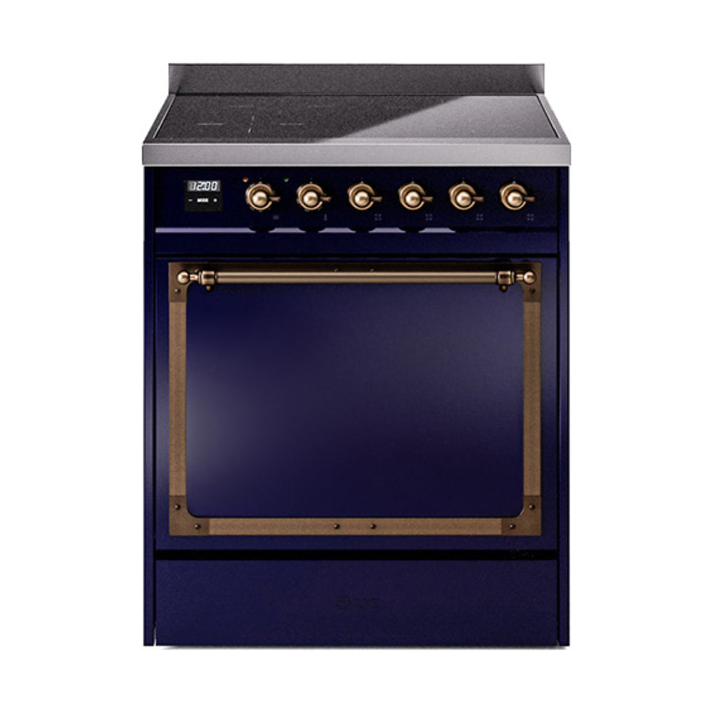 ILVE Nostalgie II Noblesse 30-Inch Induction Range, Solid Door Oven, Midnight Blue with Burnished Bronze Trim (UNI304QNMPMBB)