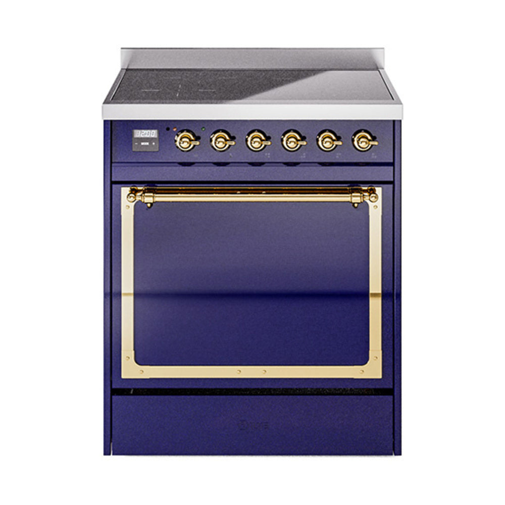 ILVE Nostalgie II Noblesse 30-Inch Induction Range, Solid Door Oven, Midnight Blue with Brass Trim (UNI304QNMPMBG)