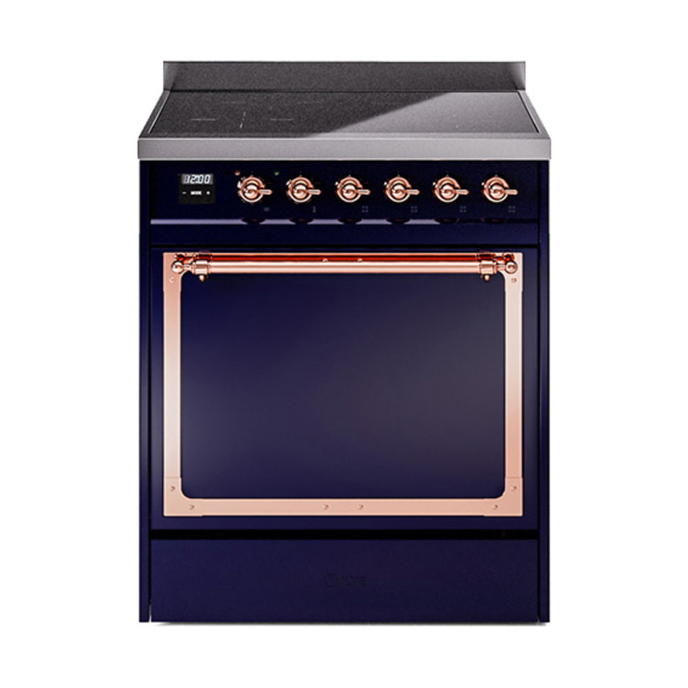 ILVE Nostalgie II Noblesse 30-Inch Induction Range, Solid Door Oven, Midnight Blue with Copper Trim (UNI304QNMPMBP)