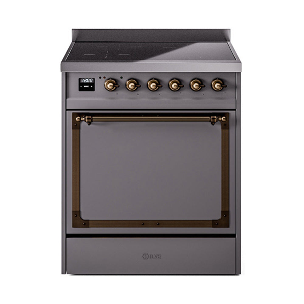 ILVE Nostalgie II Noblesse 30-Inch Induction Range, Solid Door Oven, Matte Graphite with Burnished Bronze Trim (UNI304QNMPMGB)