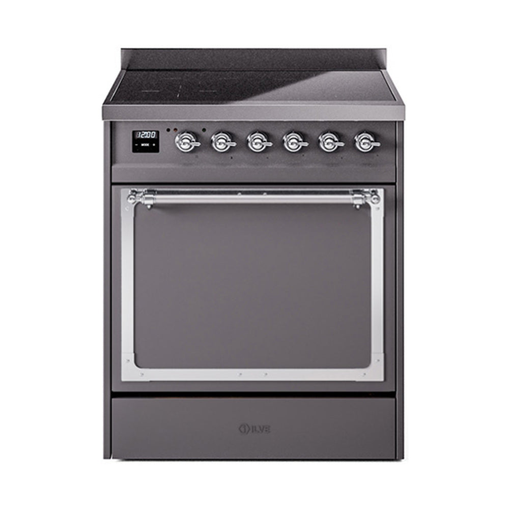 ILVE Nostalgie II Noblesse 30-Inch Induction Range, Solid Door Oven, Matte Graphite with Chrome Trim (UNI304QNMPMGC)