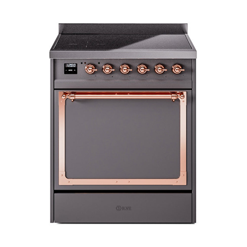 ILVE Nostalgie II Noblesse 30-Inch Induction Range, Solid Door Oven, Matte Graphite with Copper Trim (UNI304QNMPMGP)