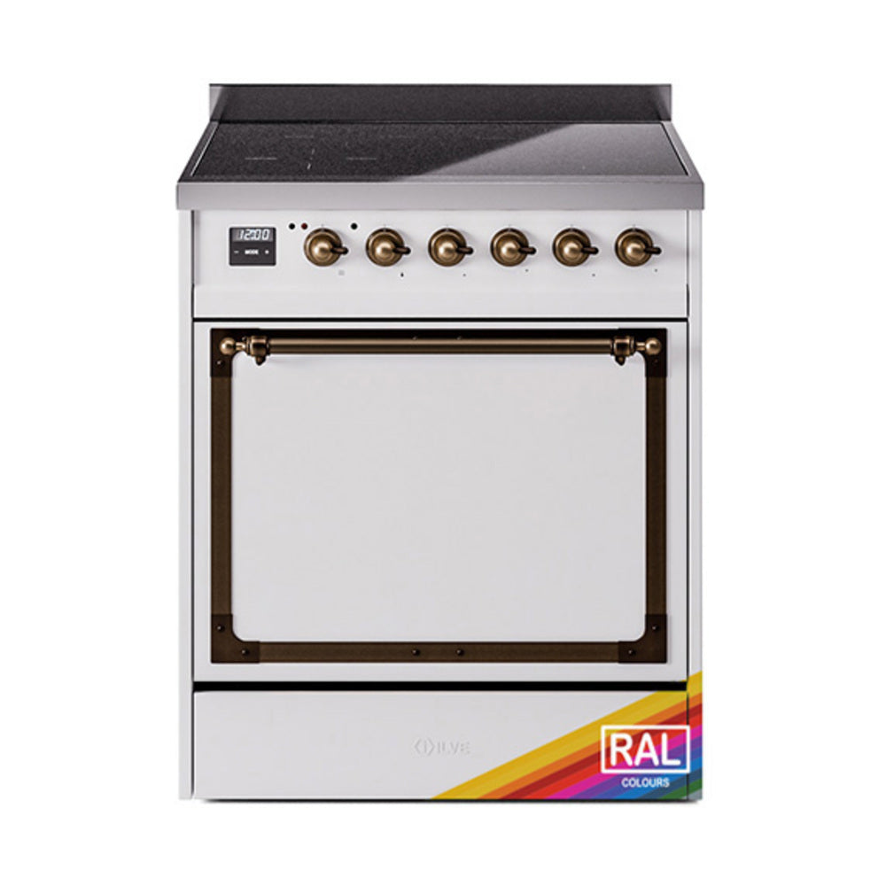 ILVE Nostalgie II Noblesse 30-Inch Induction Range, Solid Door Oven, Custom RAL with Burnished Bronze Trim (UNI304QNMPRAB)