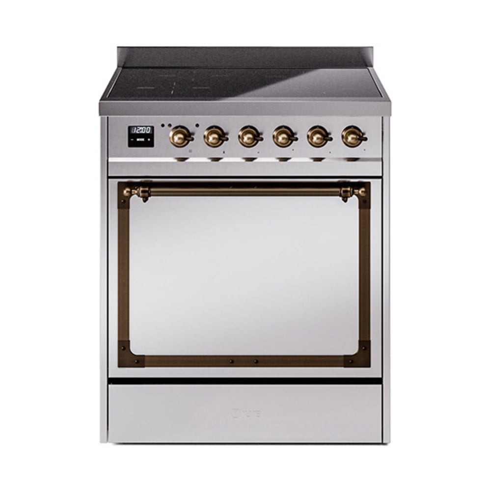 ILVE Nostalgie II Noblesse 30-Inch Induction Range, Solid Door Oven, Stainless Steel with Burnished Bronze Trim (UNI304QNMPSSB)