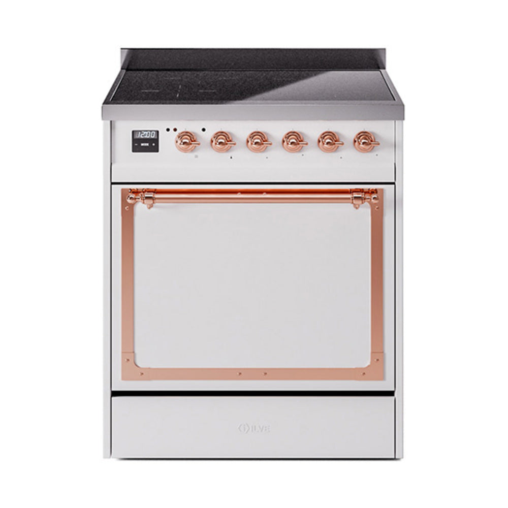 ILVE Nostalgie II Noblesse 30-Inch Induction Range, Solid Door Oven, White with Copper Trim (UNI304QNMPWHP)