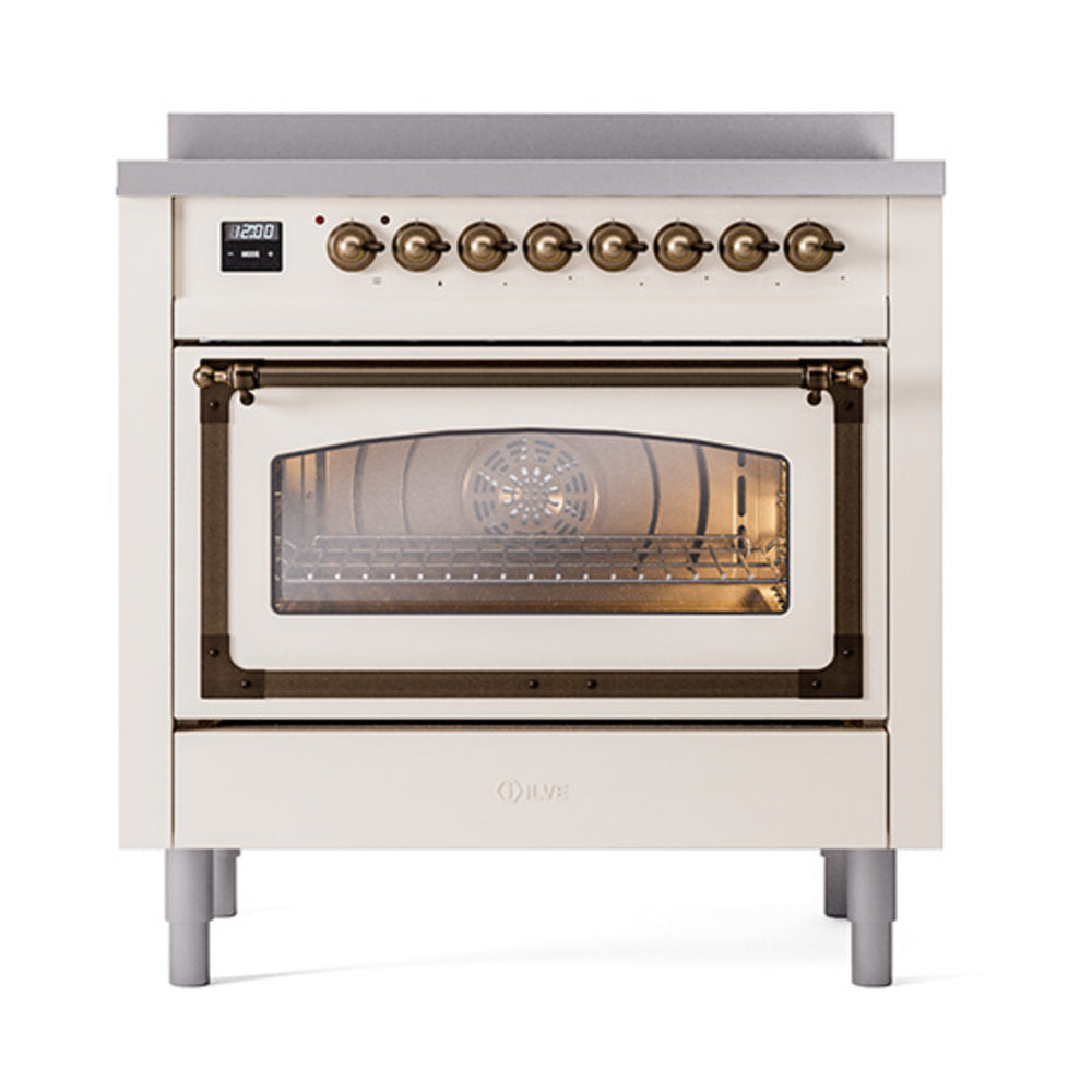 ILVE Nostalgie II Noblesse 36-Inch Induction Range, Triple Glass Door Oven, Antique White with Burnished Bronze Trim (UNI366NMPAWB)