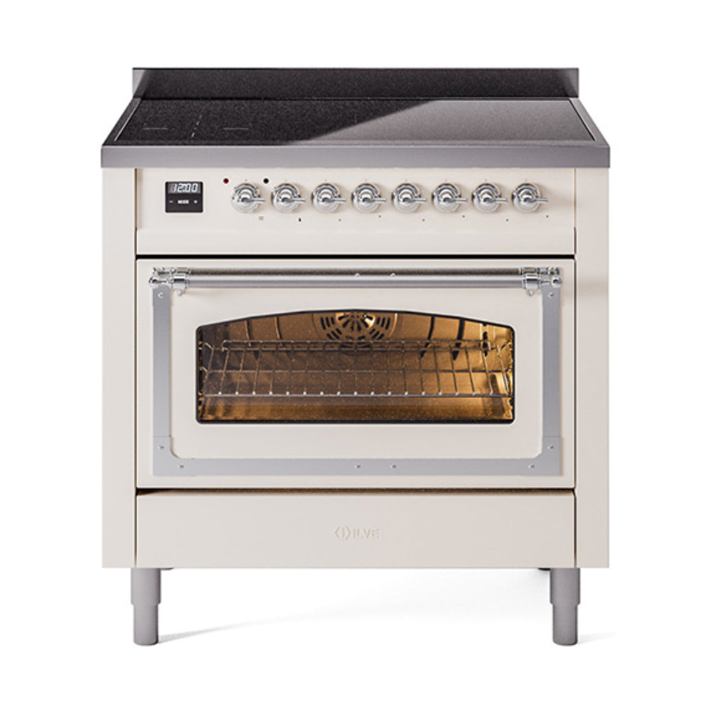 ILVE Nostalgie II Noblesse 36-Inch Induction Range, Triple Glass Door Oven, Antique White with Chrome Trim (UNI366NMPAWC)