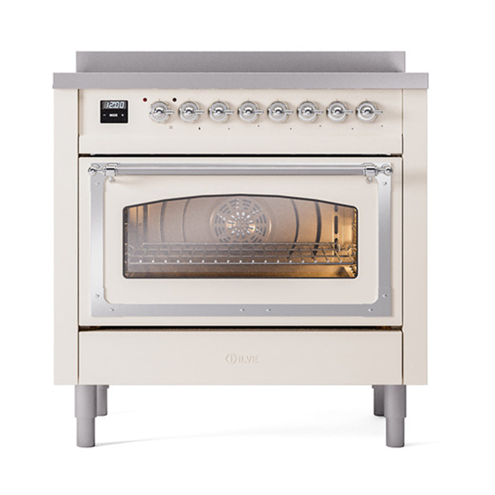 ILVE Nostalgie II Noblesse 36-Inch Induction Range, Triple Glass Door Oven, Antique White with Chrome Trim (UNI366NMPAWC)