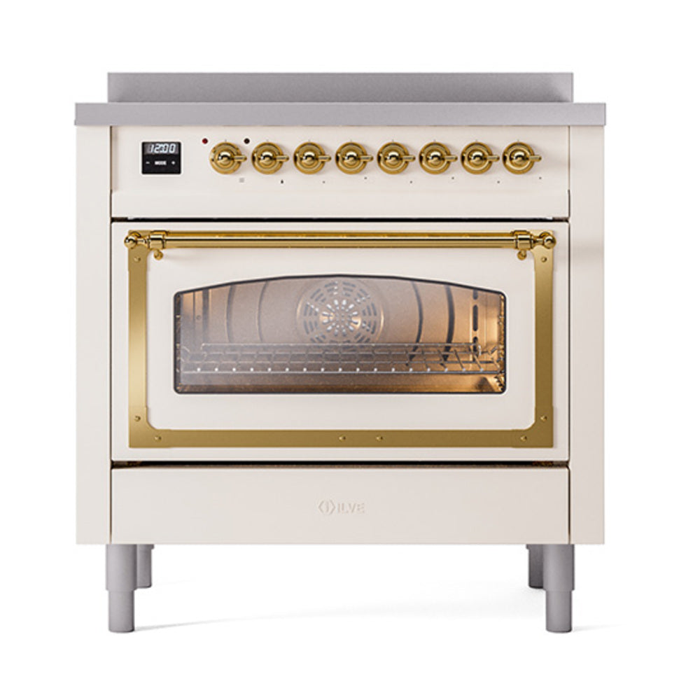 ILVE Nostalgie II Noblesse 36-Inch Induction Range, Triple Glass Door Oven, Antique White with Brass Trim (UNI366NMPAWG)