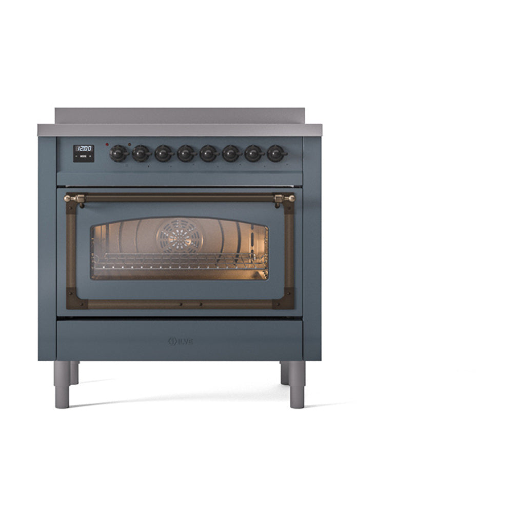 ILVE Nostalgie II Noblesse 36-Inch Induction Range, Triple Glass Door Oven, Blue Grey with Burnished Bronze Trim (UNI366NMPBGB)