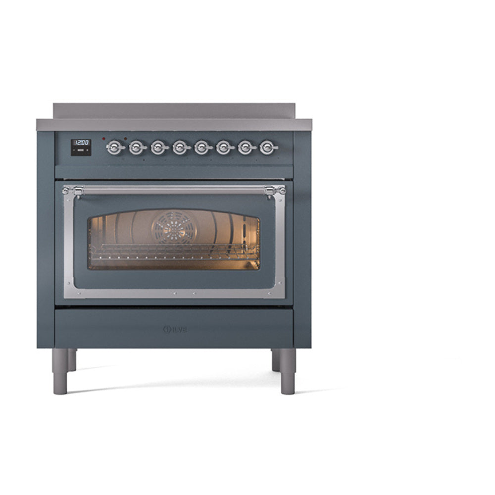 ILVE Nostalgie II Noblesse 36-Inch Induction Range with Triple Glass Door in Blue Grey with Chrome Trim (UNI366NMPBGC)