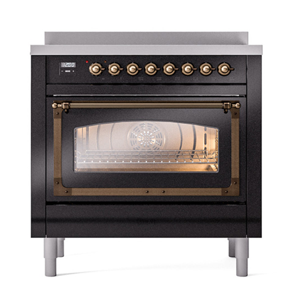 ILVE Nostalgie II Noblesse 36-Inch Induction Range, Triple Glass Door Oven, Glossy Black with Burnished Bronze Trim (UNI366NMPBKB)